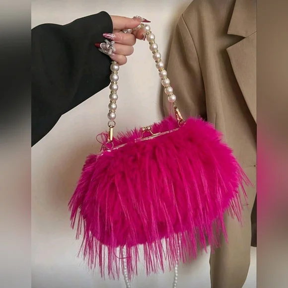 NWT Hot Pink Super Fluffy Faux Fur Double Pearl Chain Cross Body Clutch Handbag - Picture 6 of 11